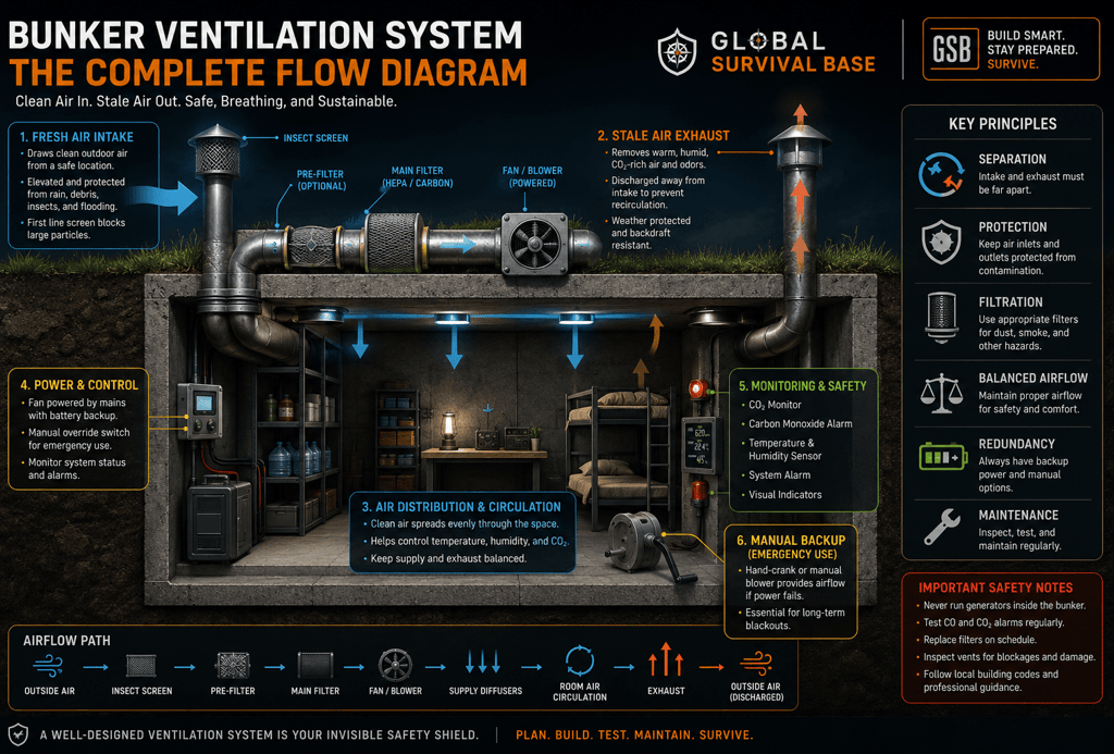 A detailed bunker ventilation system diagram showing fresh air intake, HEPA filtration, and stale air exhaust for an