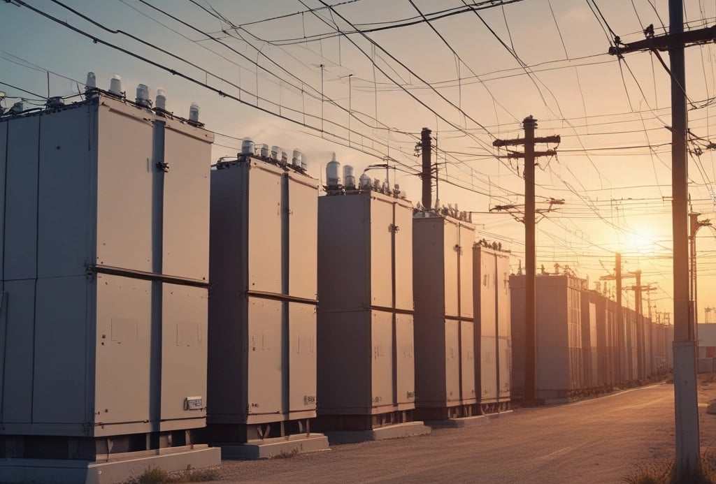 A sleek industrial warehouse with rows of high-voltage transformers under steel-green lighting.