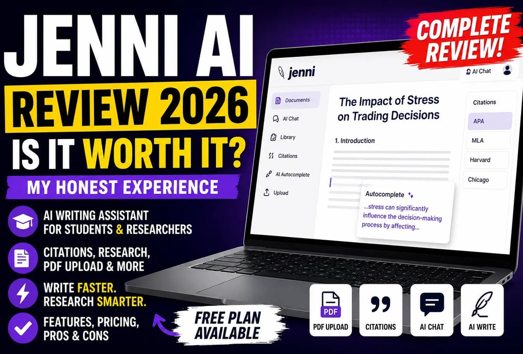 enni AI Review 2026 YouTube thumbnail featuring a laptop displaying the Jenni AI writing platform, l