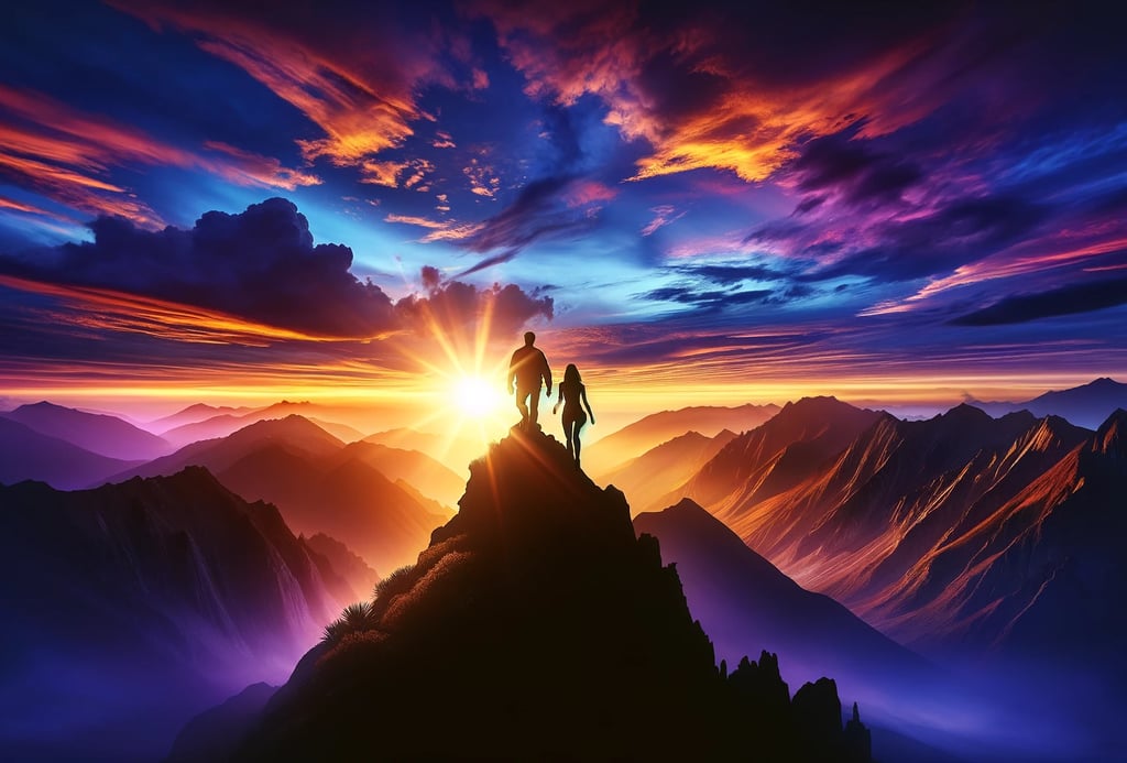Un homme et une femme de MadkWeb, agence web, approchant le sommet d'une montagne au crépuscule. Le ciel se pare d'orange, de