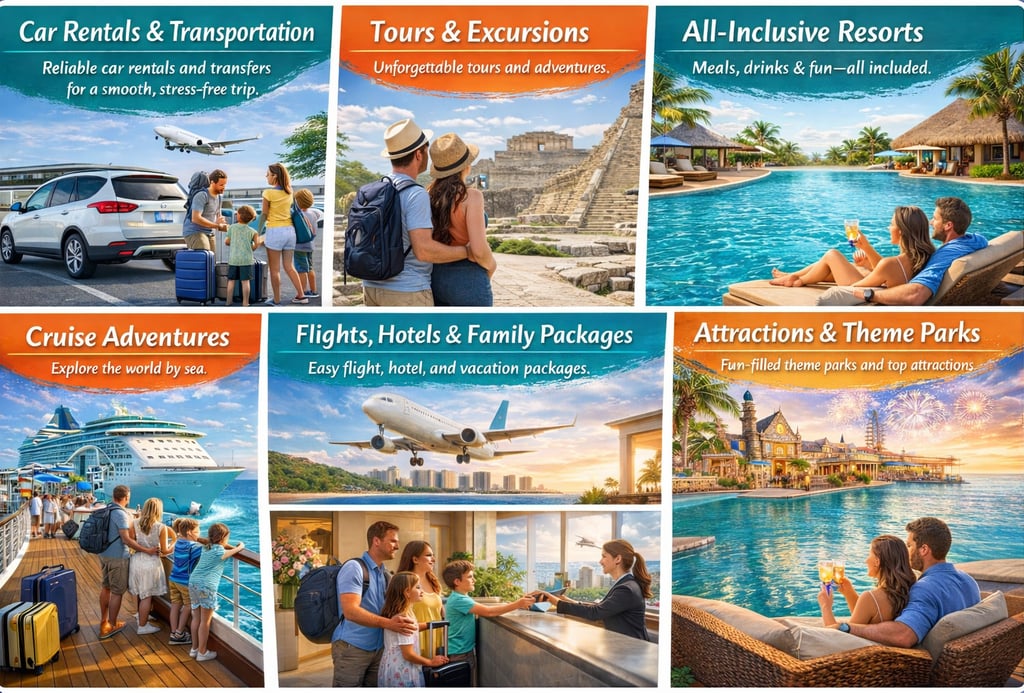 Travel services collage showing car rentals, excursions, resorts, cruises, and family vacation packages.