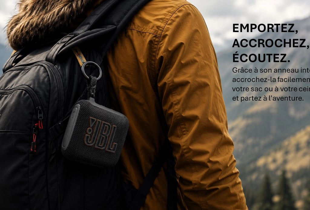L'enceinte JBL GO 5 présentée sur un sac de randonnée