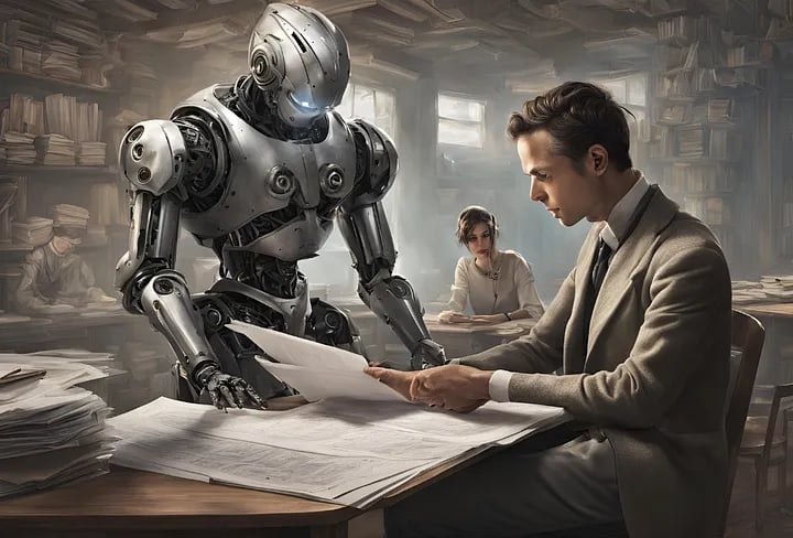 Human and a robot evaluating exams: AI-generated image (Canva)