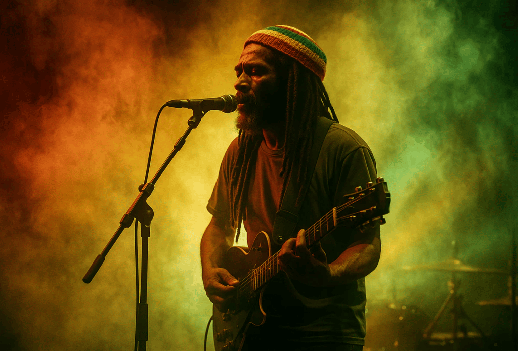 Chanteur sur scène à un concert de reggae pour la journée mondiale du reggae.