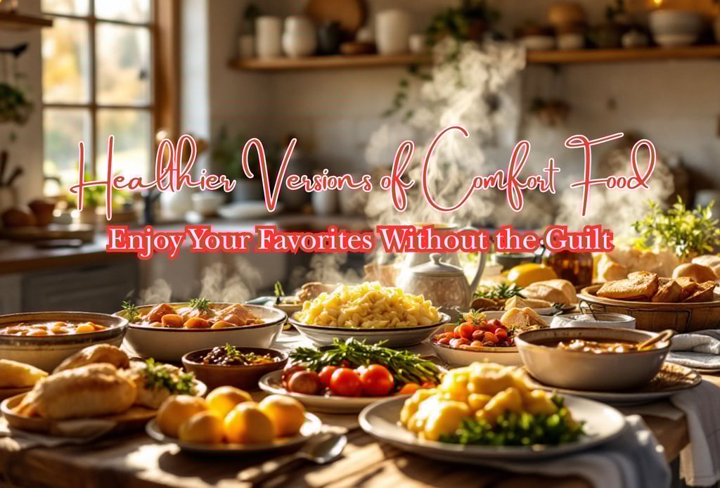a kitchen table full of comfort food with the words Healthier Versions of Comfort Food: Enjoy Your F