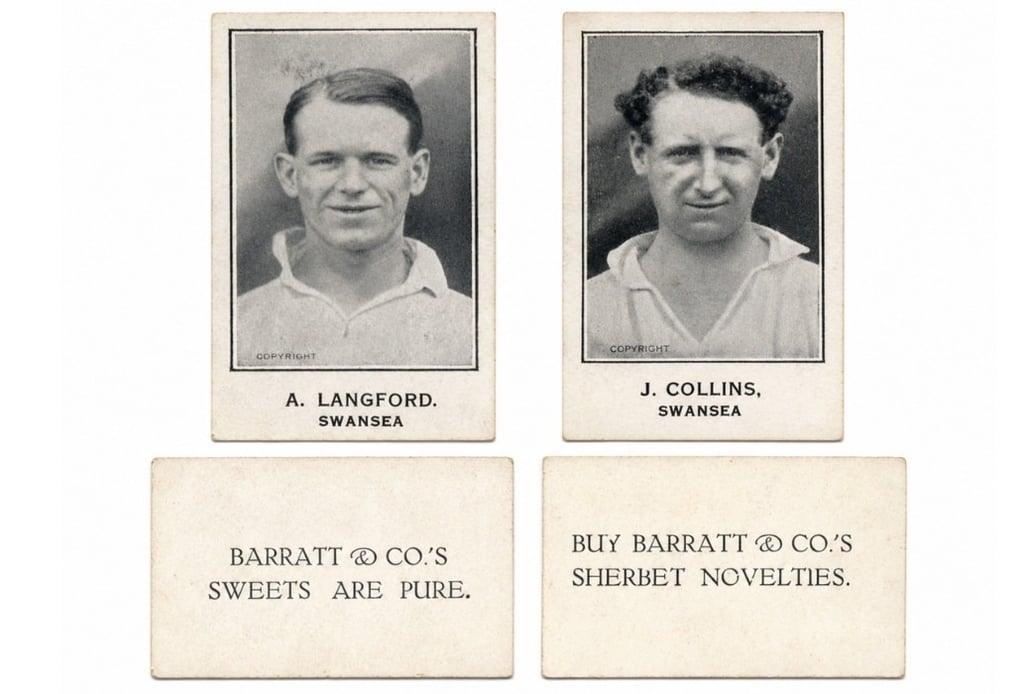 Two Barratt & Co.'s cigarette cards from 1928, featuring portraits of Swansea footballers A. Langford and J. Collins