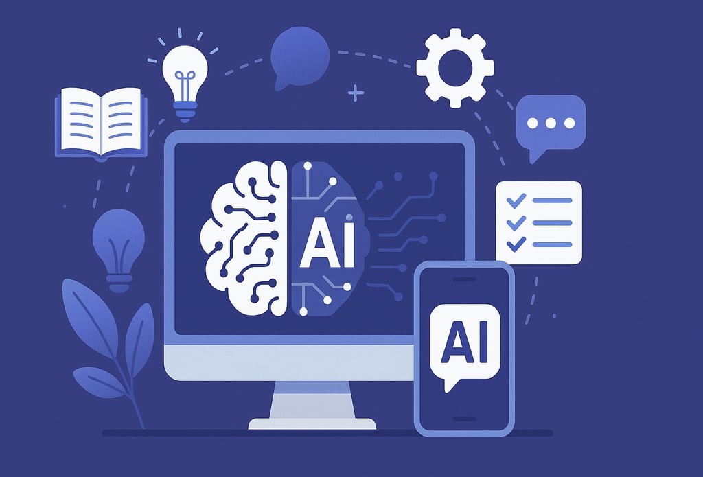 Ilustração conceitual de inteligência artificial com ícones de cérebro de IA em um monitor de comput