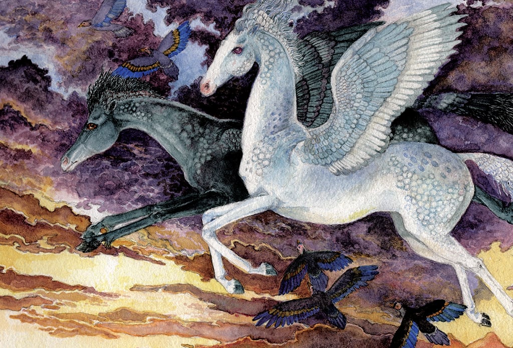 Waterolor of two Pegasi against a morning sunrise with clouds.