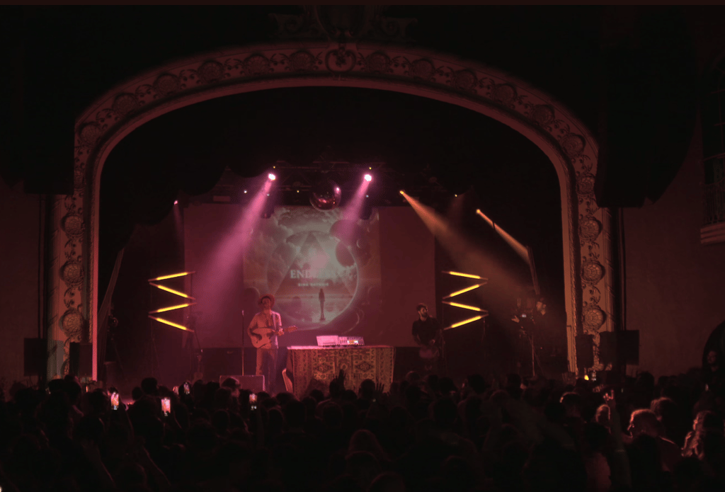 Musician performing live on a theater stage with dramatic lighting at opera house