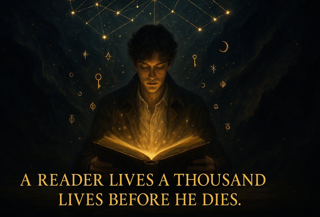 A reader surrounded by books symbolizing living a thousand lives through reading