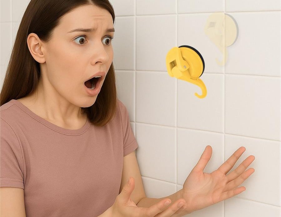 Woman shocked as a yellow suction hook falls off a tiled wall.