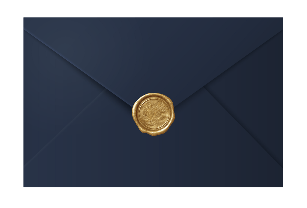 Elegant navy blue envelope secured with a decorative gold wax seal for formal invitations.