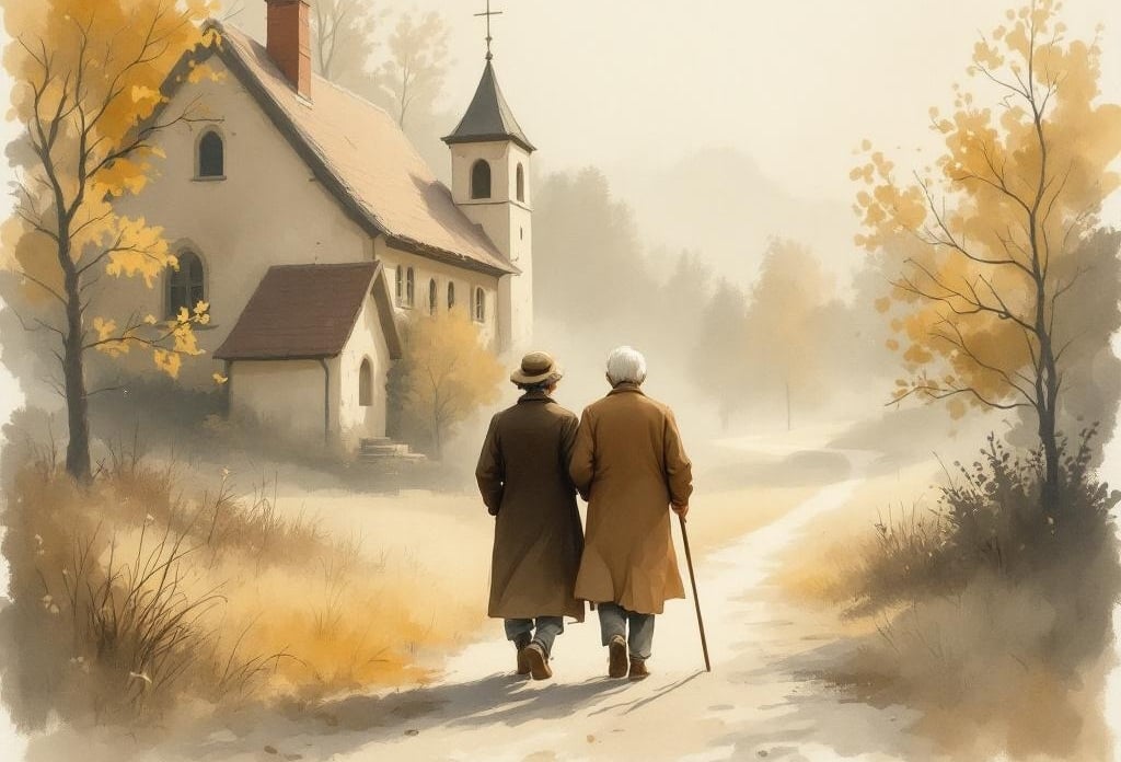 Aquarell eines älteren Paares, das im Herbstnebel zur Dorfkirche geht