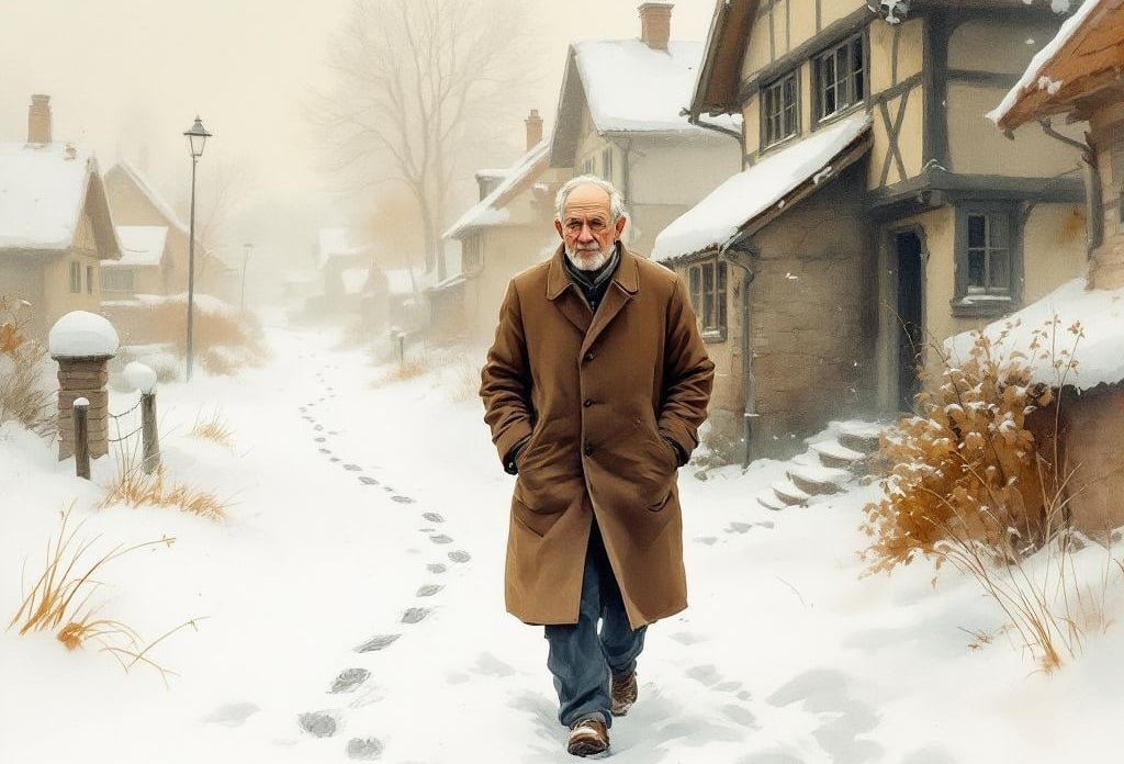 Aquarell eines älteren Mannes im Mantel, der durch den frischen Schnee geht