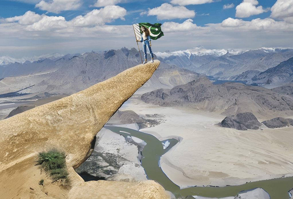Girl standing at marsur rock skardu with Pakistani flag