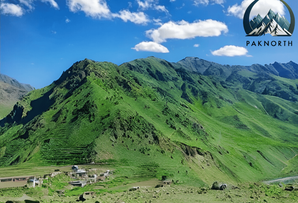 a mountain scenin kaghan valley with Himalayan mountain range in the background