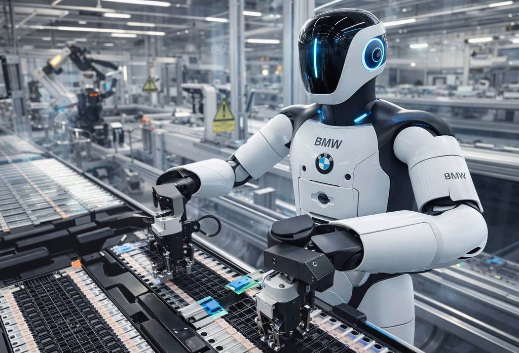 Robos humanoides trabalhando na linha de produção da BMW em fábrica automatizada na Alemanha