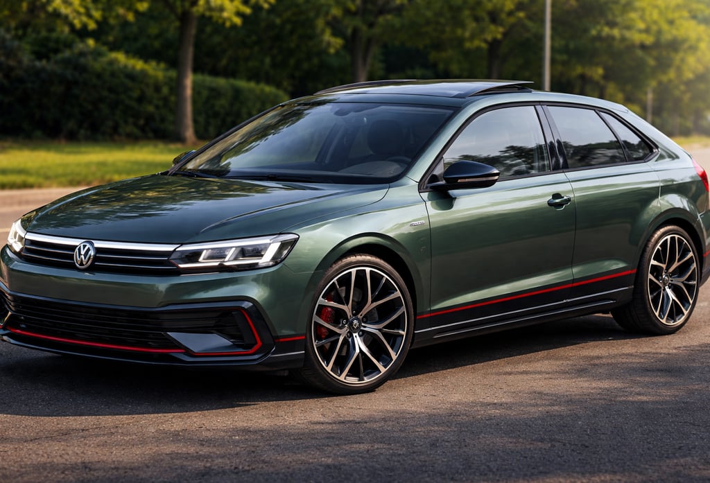 Passat Pointer 2026 conceito em verde metálico com detalhes esportivos vermelhos