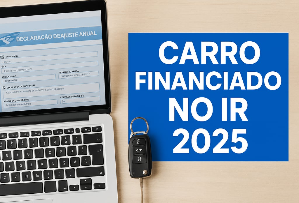Laptop com declaração de imposto de renda e chave de carro, destaque para carro financiado no IR 202