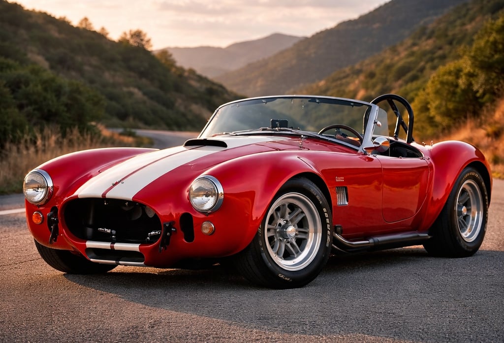 shelby cobra clássico vermelho 427 estacionado em estrada de montanha