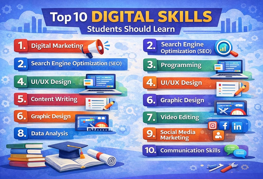 Top 10 digital skills students should learn including coding, digital marketing, graphic design, dat