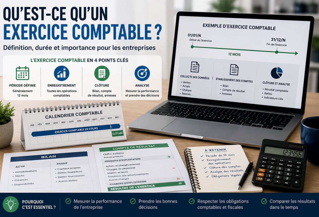 Illustration professionnelle représentant un exercice comptable avec calendrier, bilan comptable et 
