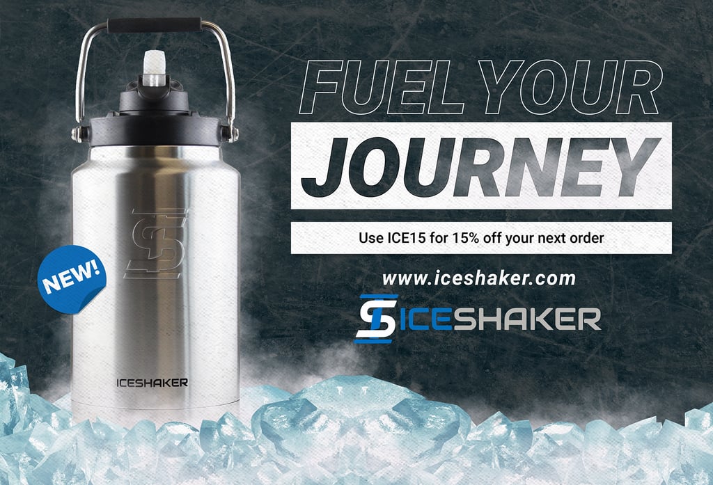 IceShaker - a stainless steel bottle with a black and white background