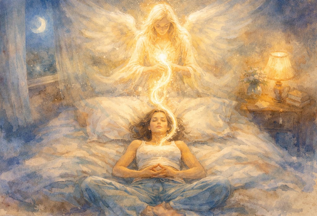 Femme en méditation allongée avec présence lumineuse de son guide spirituel au-dessus