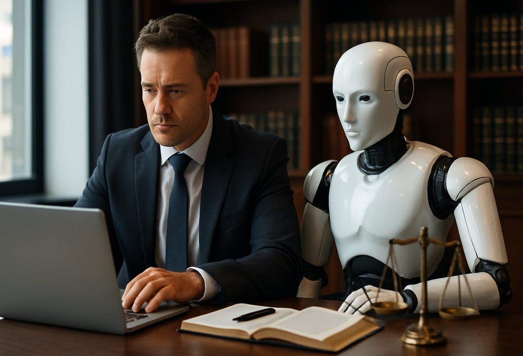 Advogado trabalhando ao lado de um robô em um escritório moderno, representando o uso da inteligênci