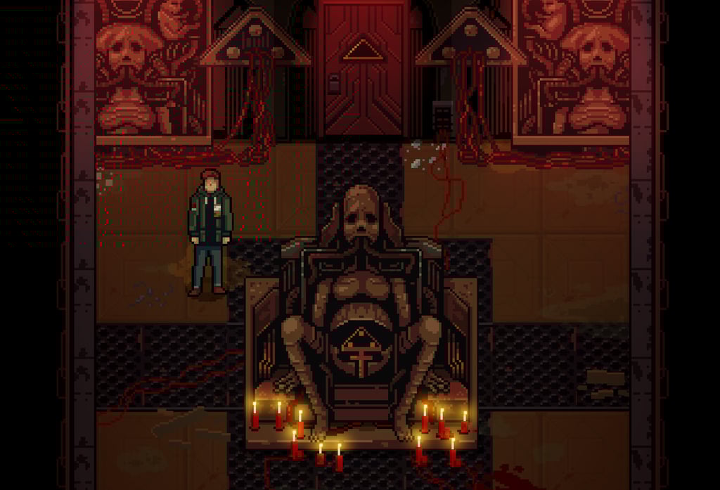Pixel art of a man in a dark, ominous room with a large, grotesque statue, candles, and blood-stained floor. A horror game