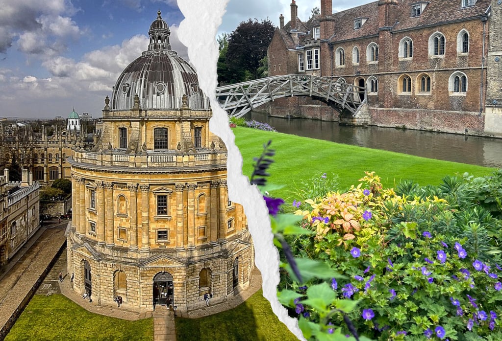 Imagen dividida en la que se ven la Radcliffe Camera de Oxford y el Puente Matemático de Cambridge.
