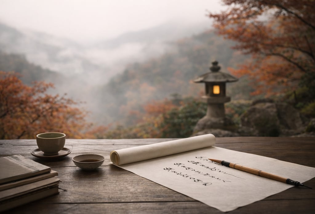 handgeschriebenes Gedicht auf Reispapier mit Kalligrafiepinsel auf Holztisch, daneben Teeschale und