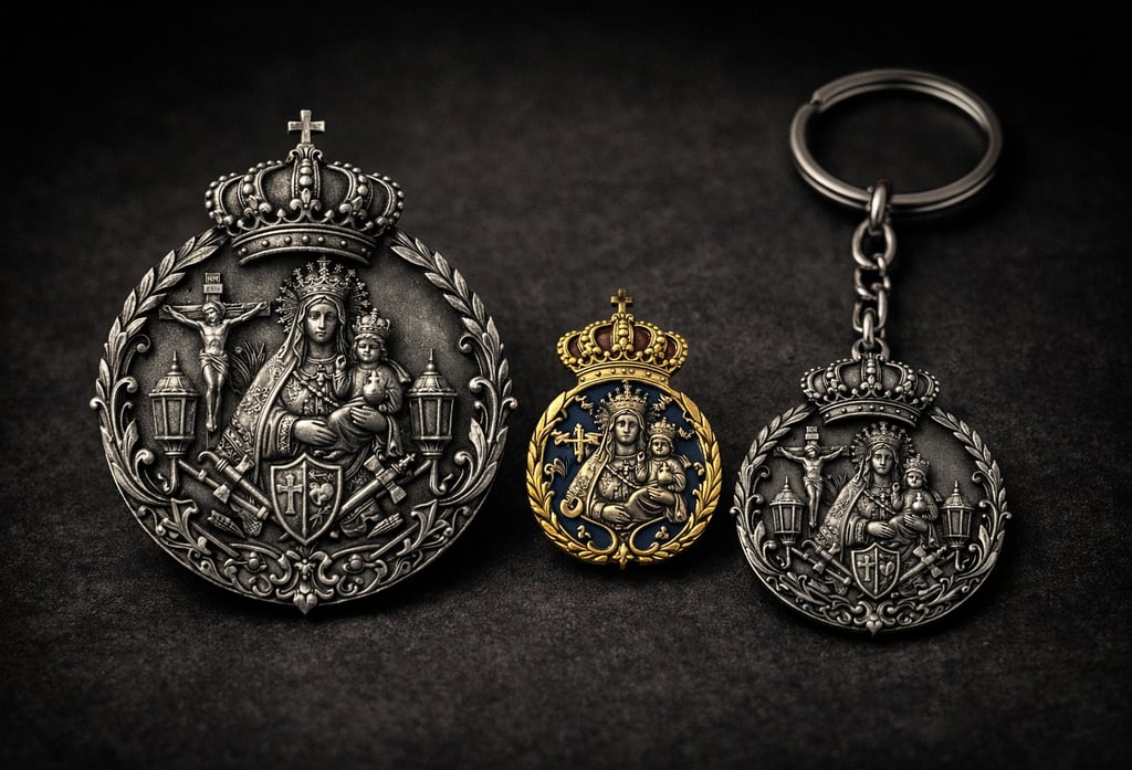 Medallas, pins y llaveros para cofradías fabricados a partir del mismo diseño