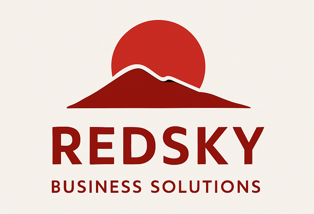 a red sky business logo with a mountain in the background