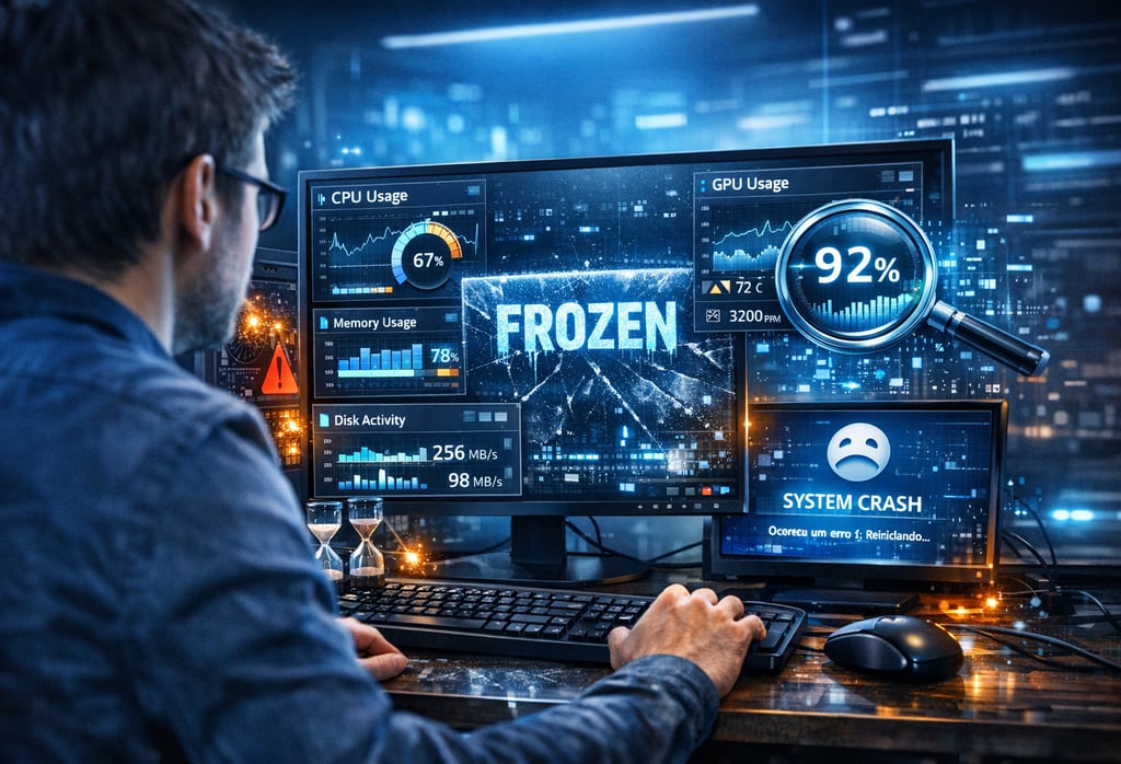 Um usuário de computador tentando solucionar um travamento do sistema com altas métricas