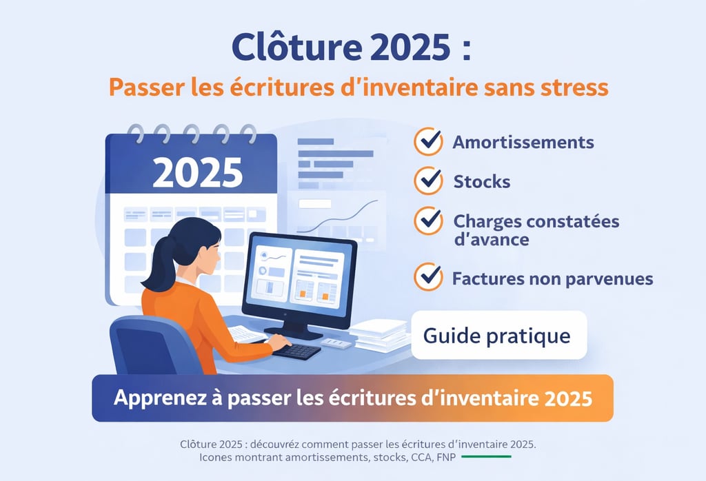 Clôture comptable 2025 avec passage des écritures d’inventaire : amortissements, stocks, charges con