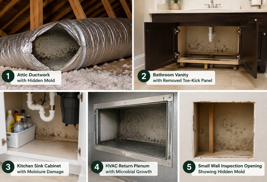 Collage of five common household areas with hidden mold including attic ductwork, bathroom vanity, and kitchen sink cabinets.