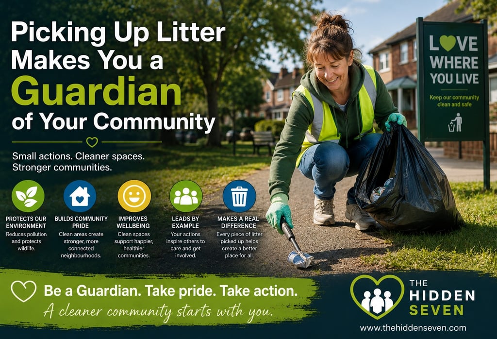 A community volunteer picking up litter in a neighborhood to keep the environment clean.