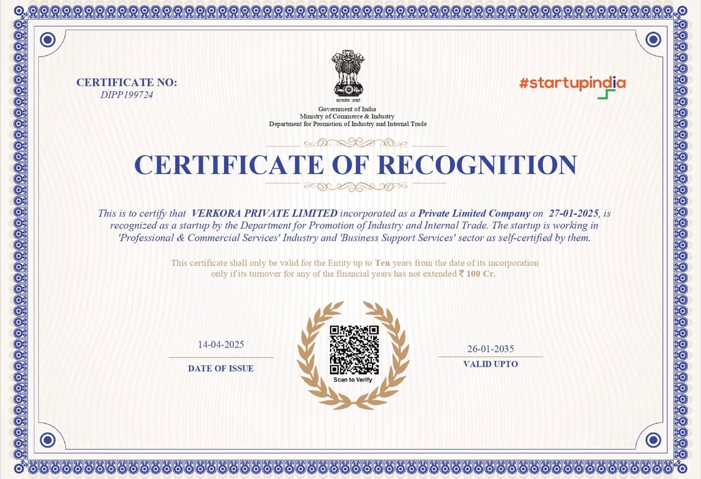 Startup Indian DIPP Certificate of Verkora Private Limited