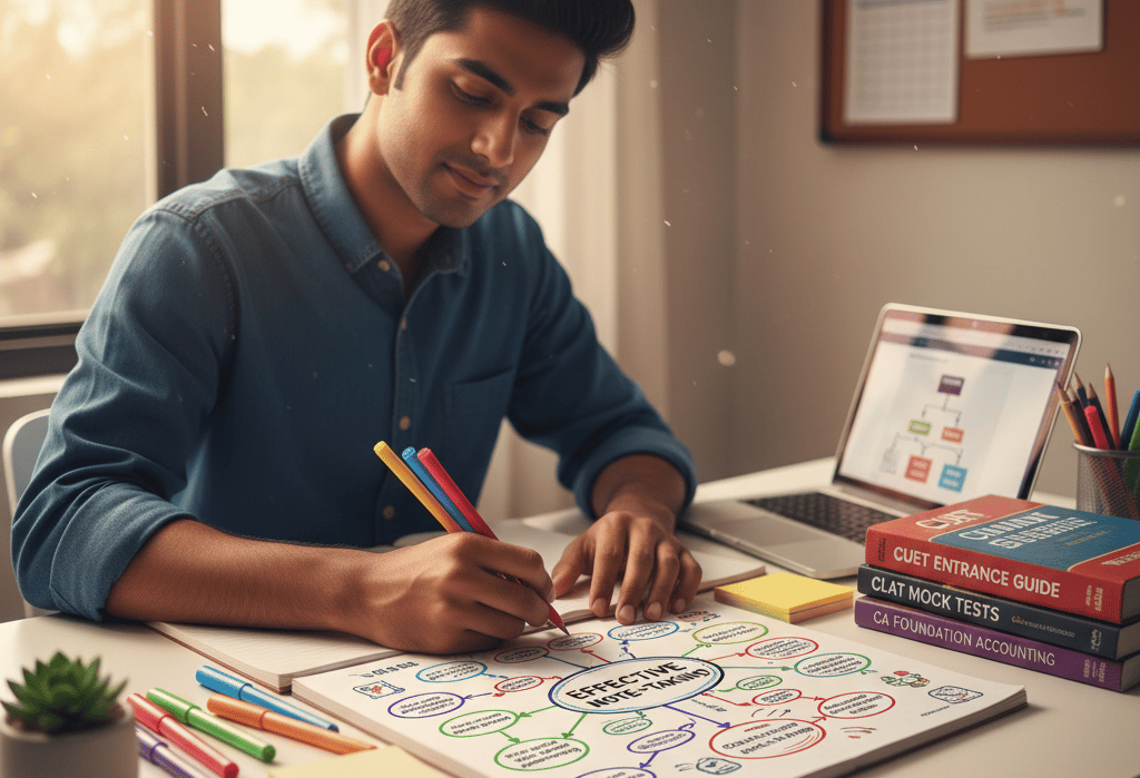 Desk set up for effective note-taking with an open textbook, highlighted notes, a spiral notebook wi