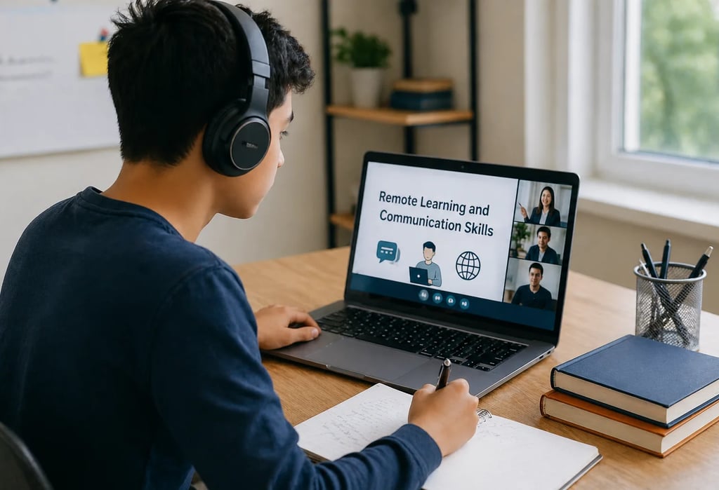 A student attending an online class on remote learning and communication skills