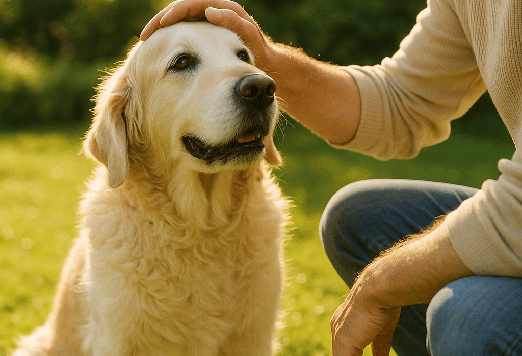 Elderly dog receiving affection.