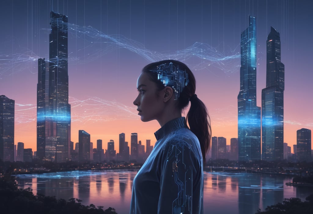 A human figure in a city of AI