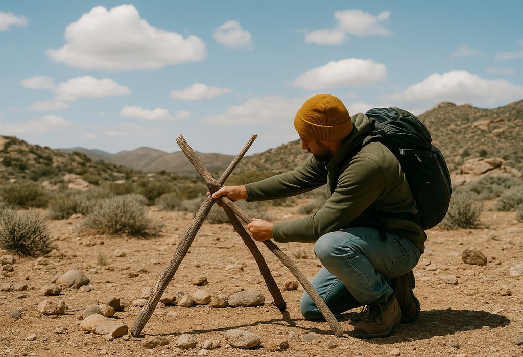Hiker constructing ground-to-air distress symbol with sticks in desert, rescue signaling during survival emergency