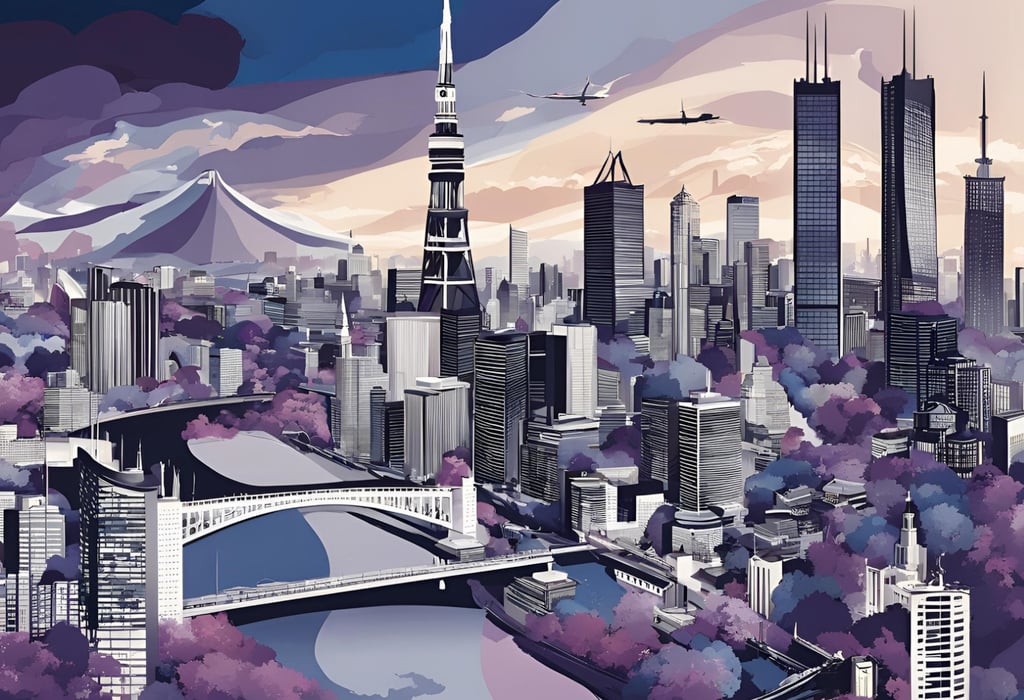 Imaginary landscape with landmarks from Tokyo, London and Chicago