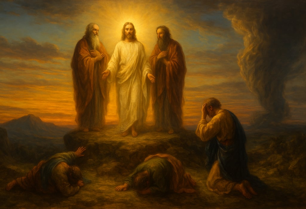 Jesus transfigured on the mountain with Moses and Elijah, symbolising the Pilgrimage of Transformati