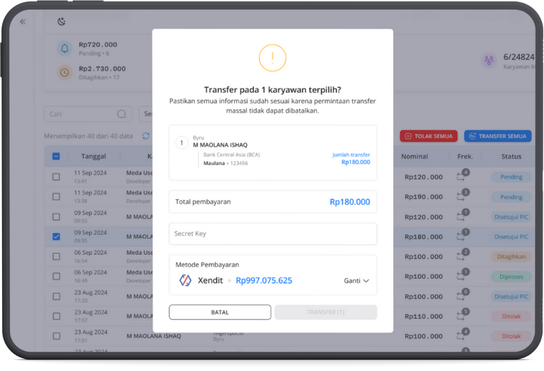 Tampilan Flexpay dengan fitur transfer ke karyawan dan manfaat utama untuk bisnis