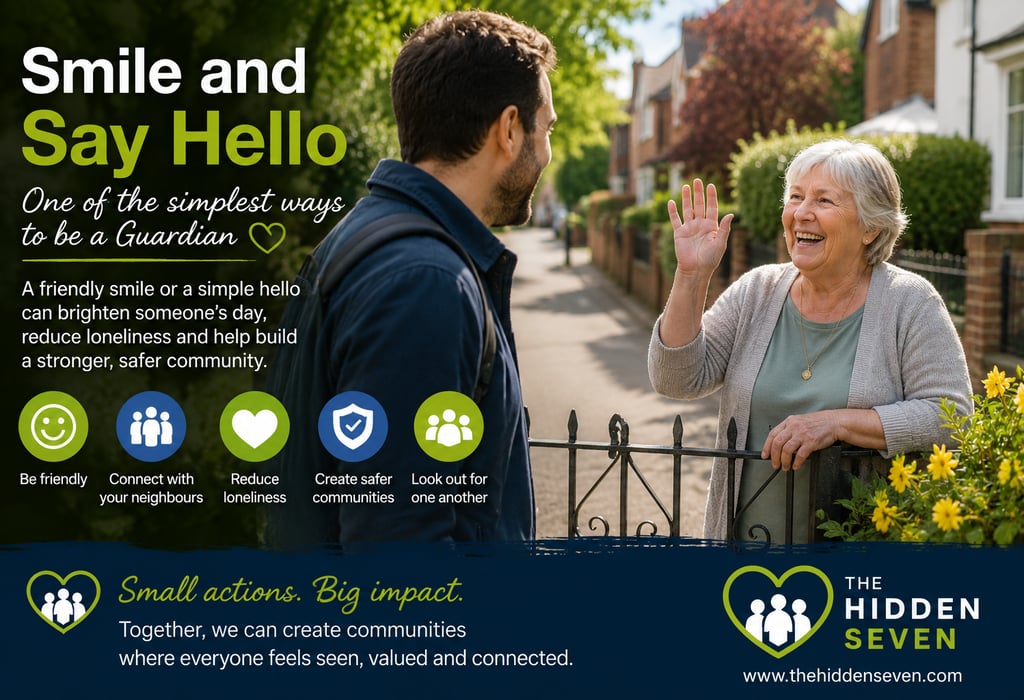 A young man greets a smiling elderly woman over a gate to promote neighborhood community safety.