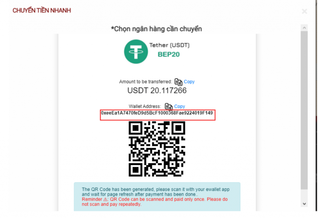 Quét mã để chuyển tiền từ Binance về Alo88