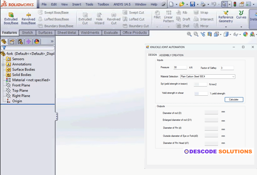Image depicting knuckle joint automation done in Solidworks using Solidworks API